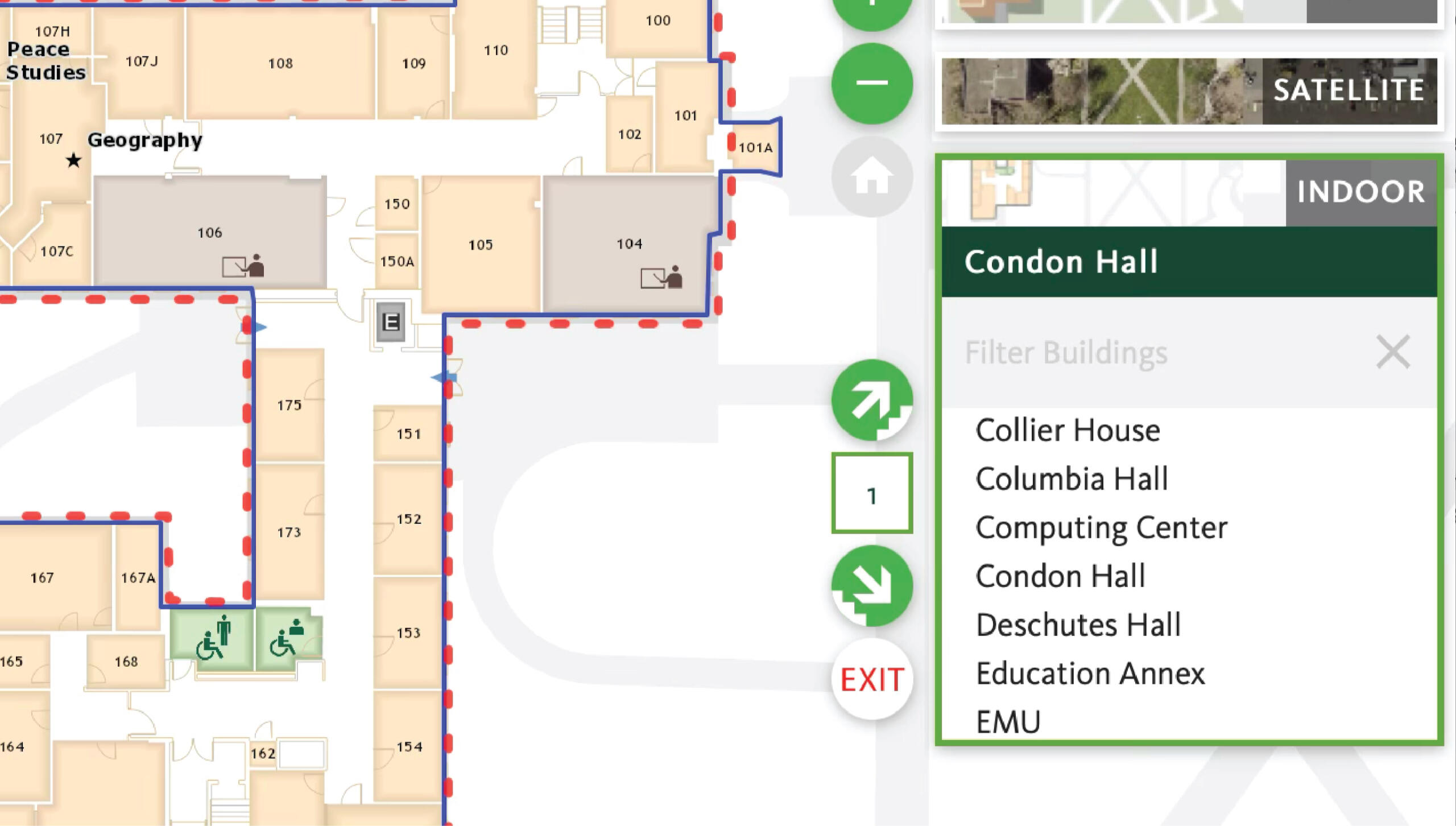 Detail of the University of Oregon interactive indoor map.