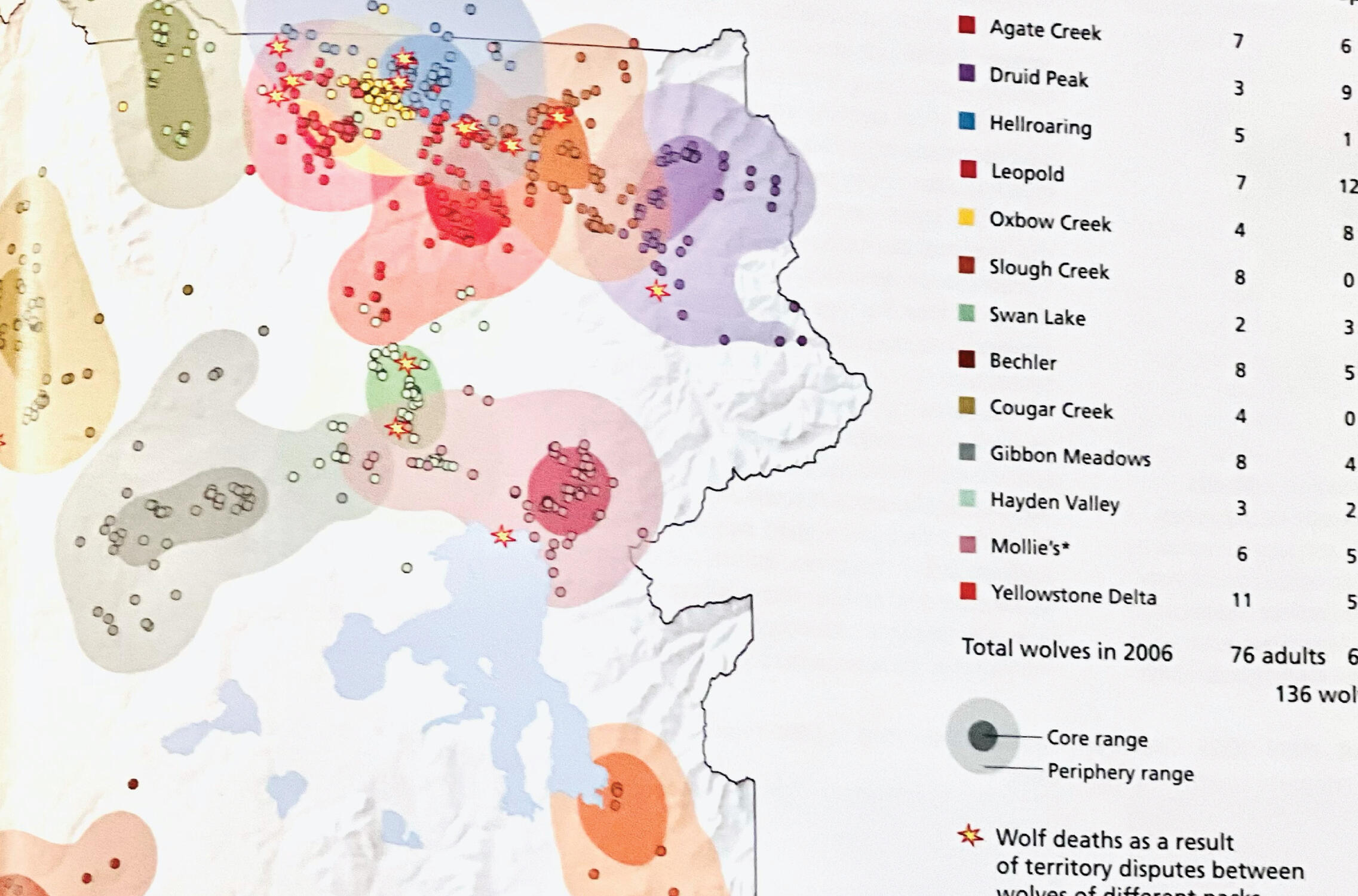 Detail from the Atlas of Yellowstone showing wolf pack locations.
